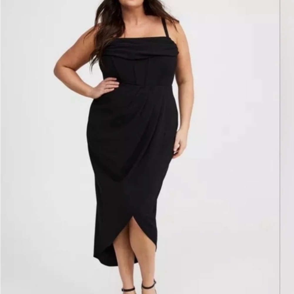 torrid Black Draped Midi Dress with Tulip Front